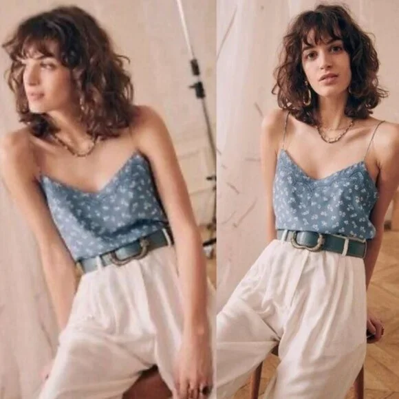 Sezane 100% Silk Palma Blue Floral Tank Top Camisole Boho Size 32 French US 0 - Picture 2 of 13